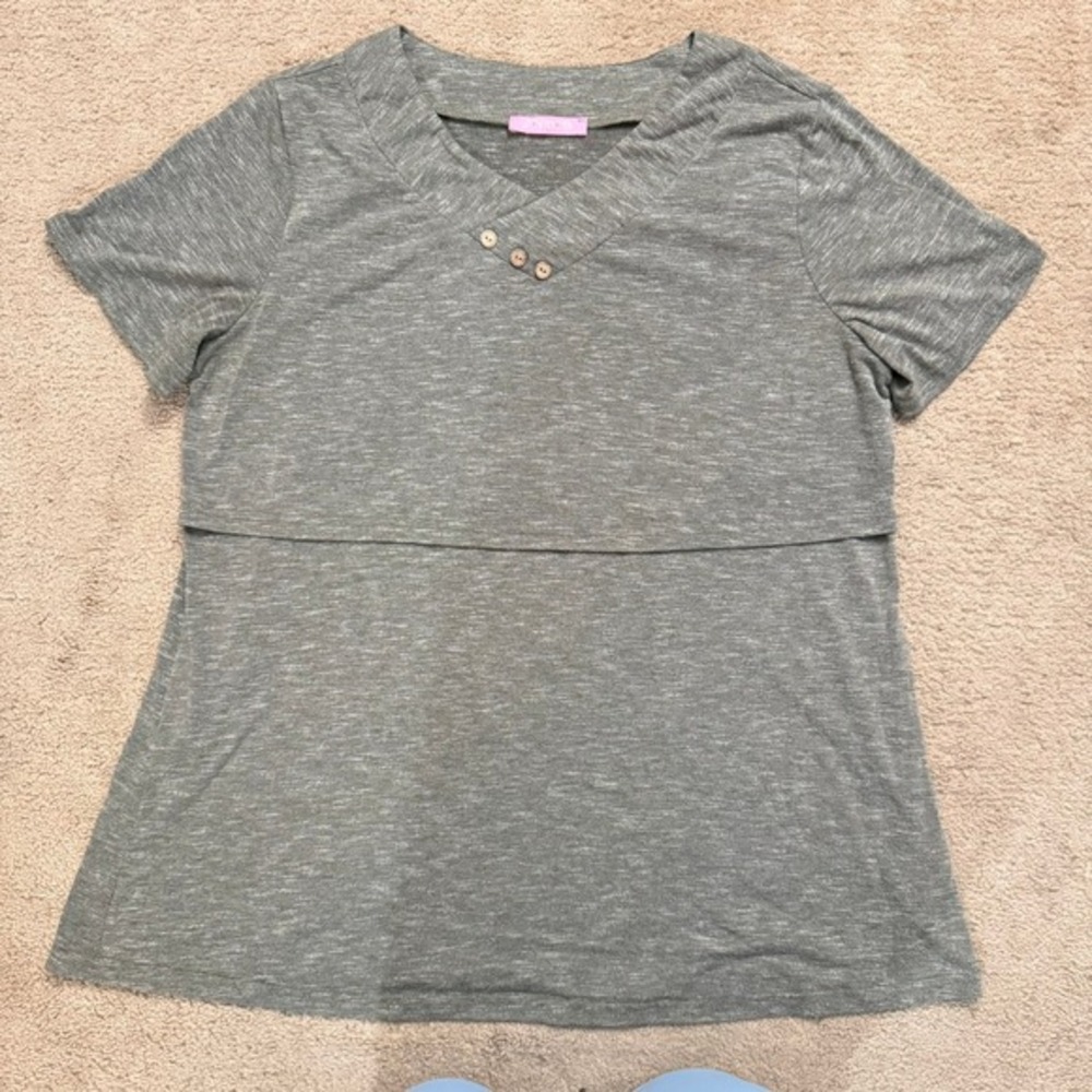 Joymom Nursing Maternity Shirt Green Short Sleeve with Button Accent Size‎ XL
